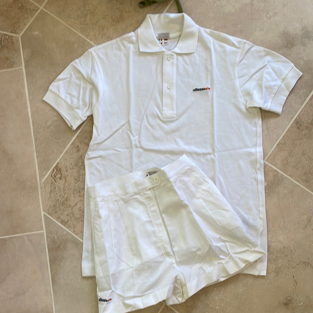 Vintage 80’s Ellesse White tennis outfit shorts 10, polo shirt 12 Pleated shorts